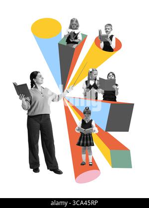 Collage of teacher holding book while directing diverse kids with reading materials Stock Photo