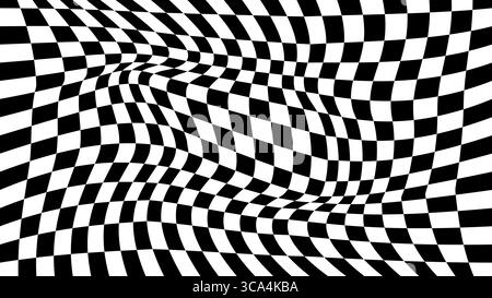 A black and white checkered distorted background. A deformed black and white abstract backdrop. Stock Vector