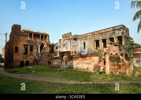 Panam Nagar, the historic abandoned city in Sonargaon, Bangladesh, featuring decaying colonial-era merchant mansions with ornate architectural details. Stock Photo