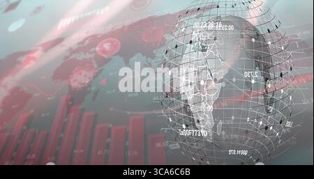 Displaying 3D wireframe globe on screen with red map, virus icons, bar chart, data overlays Stock Photo