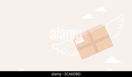 Cardboard delivery box with wings flying between clouds on beige background, copy space. Flat vector illustration Stock Vector