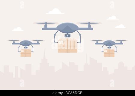 Drones delivering packages against a cityscape background. Flat vector illustration Stock Vector