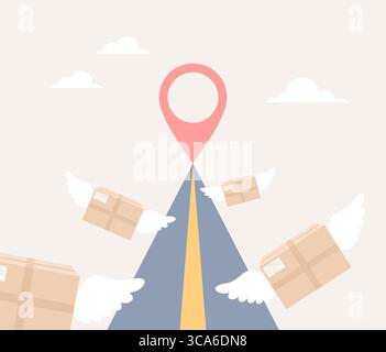 Delivery boxes with wings flying to a large location pin icon at the end of a long road. Flat vector illustration Stock Vector