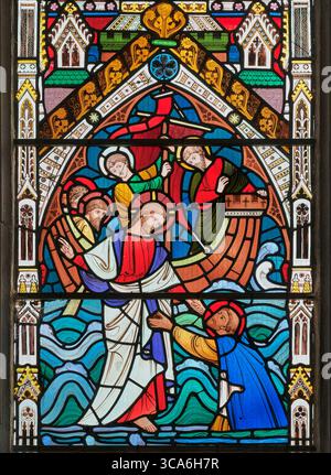 Jesus Christ miracle walking on water stained glass window, Church of ...