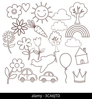 This whimsical illustration features a collection of playful doodles, including flowers, a smiling sun, trees, a rainbow, cars. Stock Vector