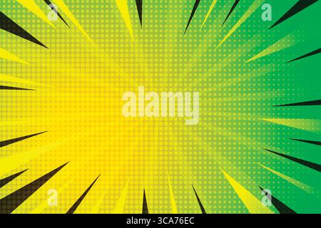Retro Comic Book Spiral Background – Pop Art Halftone Burst with Green Rays, Abstract Sunray Swirl Pattern Stock Vector