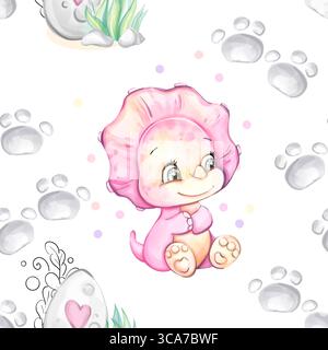 Seamless watercolor pattern cartoon cute baby dinosaur. Clipart for decor, stickers, prints with historical animals Stock Vector