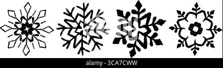 Set of cute black Xmas snowflakes drawn in pastel, crayon, chalk and charcoal textures. A holiday collection for kids featuring frozen, grunge style Stock Vector