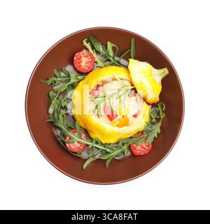 Tasty stuffed pattypan squash with tomatoes and arugula isolated on white, top view Stock Photo