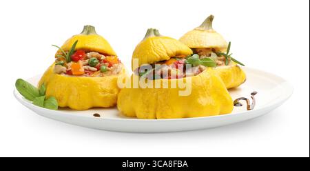 Tasty stuffed pattypan squashes isolated on white Stock Photo