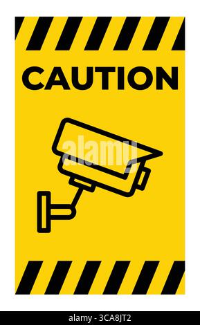 Bright yellow caution sign featuring a surveillance camera icon aimed at enhancing security awareness. Ideal for use in various safety-related context Stock Vector