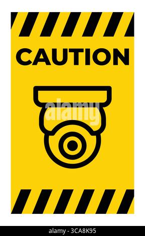 A bold caution sign featuring a security camera icon on a bright yellow background. Perfect for conveying safety and vigilance in various settings. Stock Vector