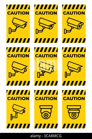 Set of caution signs featuring security cameras, designed for raising awareness about surveillance in various environments. Ideal for security-related Stock Vector