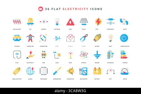 Electricity, electrical circuit components, equipment and electricians toolbox color icon set. Transistor and capacitor, fuse and extension cord, energy label flat elements vector illustration Stock Vector