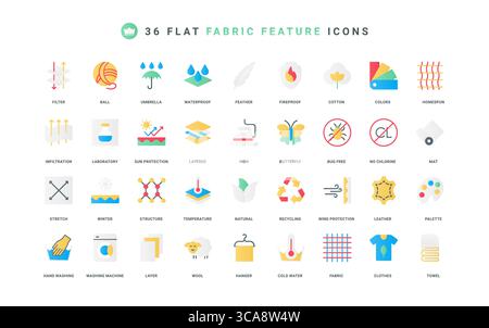 Fabric features, wool and leather, cotton for clothes color icon set. Waterproof and fireproof, sun and bug protection material, layers fiber and thread structure flat elements vector illustration Stock Vector
