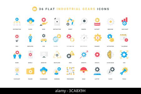 Gears of running system process, tech support and update data, cloud color icon set. Human finger pointing gear, work with medical chart and finance, AI processor, fix config flat vector illustration Stock Vector