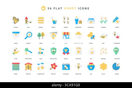 Bee honey food and medicine, cosmetics, beehive and beekeeper in protective suit color icon set. Bee protection, apiary location, honey quality mark from laboratory flat elements vector illustration Stock Vector