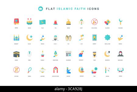 Minarets of mosque and crescent moon on flag, lantern thin symbols vector illustration. Islam, culture and Islamic symbols, hijab and thawb of woman and man flat icon set Stock Vector