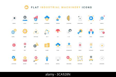 Innovation of software, processor, warning sign thin symbols vector illustration. Gears and cogwheels in industrial machine, engine and mechanism, system development flat icon set. Stock Vector