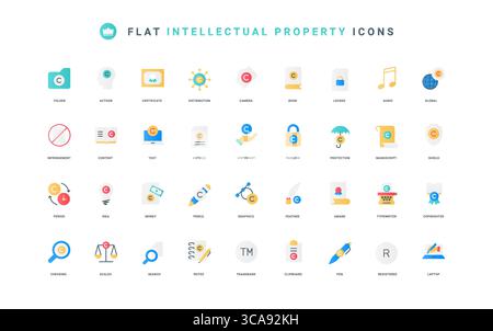 License for text of document, article, graphic content thin symbols vector illustration. Copyright, intellectual property, trademark and patent for creativity flat icon set Stock Vector