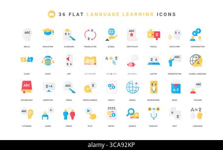 English and foreign language learning, dictionary book and vocabulary app, education color icon set. speech bubbles of multilingual dialogue, interpreters service flat elements vector illustration Stock Vector