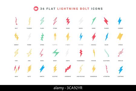 Lightning bolts of different shapes and colors, flash symbols, thunderbolts icon set. Red yellow green blue storm bolt, shock arrows, electric energy and lightening flat elements vector illustration Stock Vector