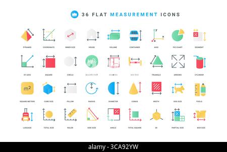 Tool and size guide chart with dimension arrows to measure length, height color icon set. Area and room plan, volume of geometric figures with segment measurement flat elements vector illustration Stock Vector