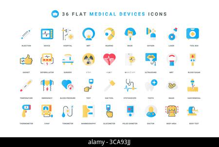 Medical devices, hospital and emergency equipment, home diagnostics color icon set. Doctors stethoscope and otoscope, glucometer, ultrasound and MRI, hearing aid flat elements vector illustration Stock Vector