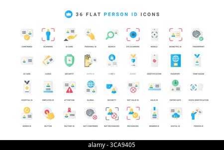 Biometric recognition for person identification, identity document and badge color icon set. Check mark and cross of system verification for access, eye, fingerprint flat elements vector illustration Stock Vector