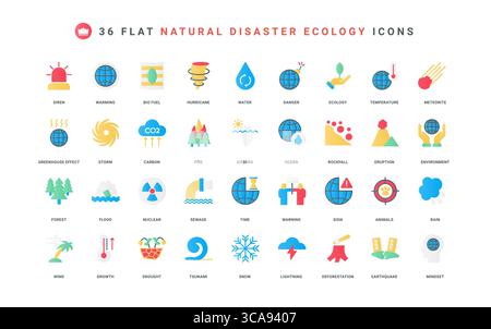 Natural disasters and environmental catastrophes, nuclear threat color icon set. Siren warning of danger, focus on animals, deforestation, tsunami and drought, fire flat elements vector illustration Stock Vector