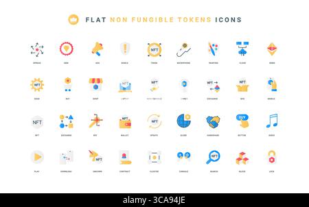 Art painting gallery, gaming, blockchain thin symbols vector illustration. Non fungible token of future, NFT shop market and auction to buy and sell, exchange flat icon set Stock Vector