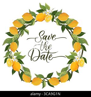 Vector round frame with lemon branches, citrus tropical fruits. Vector hand drawn watercolor illustration. Vintage design elements for label, packagin Stock Vector