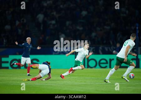 September 7, 2023, Paris, Paris, France: ADRIEN RABIOT (14) (left) is hit by JAYSON MOUMBY (14) and goes to the ground during the UEFA EURO 2024 European qualifier match between France and Republic of Ireland at Parc des Princes on September 07, 2023 in Paris, France. (Credit Image: © Glenn Gervot/ZUMA Press Wire) Stock Photo
