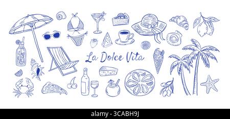 Hand drawn La dolce vita vector set. Italian summer vacations illustrations. Mediterranean food, cocktial, dessert, beach elements, bikini, drinks Stock Vector