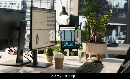 Computer screen on office desk displaying financial charts of company profits performance metrics. Data analytics on PC display showing corporate business earnings KPIs, panning shot Stock Photo
