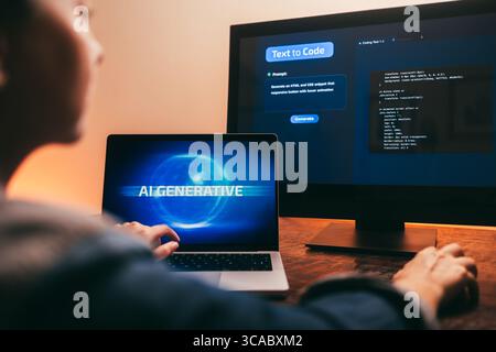 AI chat bot, Programmer using generative artificial intelligence for software development inside office. Virtual chatBot technology trend Stock Photo