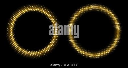Golden halftone frames, glowing circle borders, round pattern with dots, radial disco luxury design element. Stock Vector