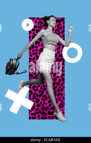 Poster trend collage of person stand run near 3d render figures over blue color background Stock Photo