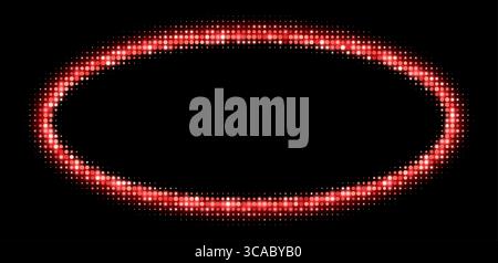 Red halftone frames, glowing circle borders, round pattern with dots, radial disco luxury design element. Stock Vector