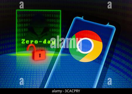 April 17, 2023, Asuncion, Paraguay: Google Chrome logo is displayed on a smartphone backdropped by visual representation of open lock, hacker, the term ''zero-day'' and binary code digits. (Credit Image: © Andre M. Chang/ZUMA Press Wire) Stock Photo