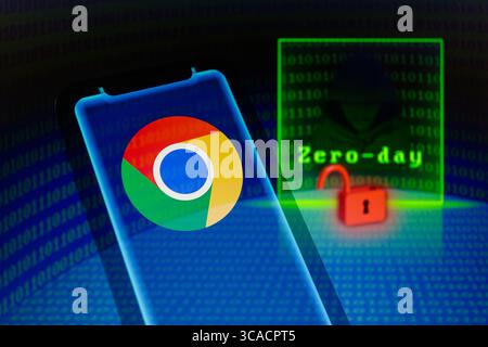 April 17, 2023, Asuncion, Paraguay: Google Chrome logo is displayed on a smartphone backdropped by visual representation of open lock, hacker, the term ''zero-day'' and binary code digits. (Credit Image: © Andre M. Chang/ZUMA Press Wire) Stock Photo