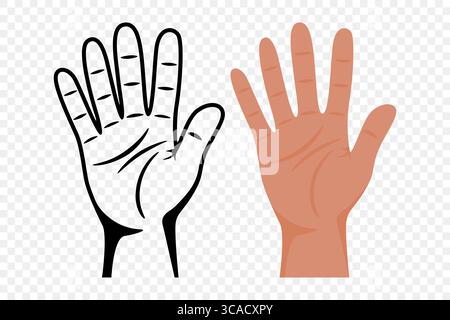 Hand Gesture Vector Illustration. Open Human Hand with Palm Showing, Raised Hand for High Five, Stop Sign, Counting to Five, Palmistry, Voting Stock Vector