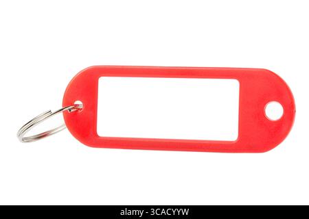 Red plastic key tag or label close up isolated on white background Stock Photo