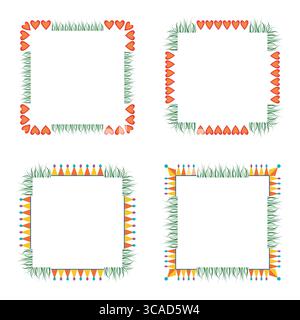 Red hearts border. Green grass elements. Triangle decorations. Fun colorful style. Stock Vector