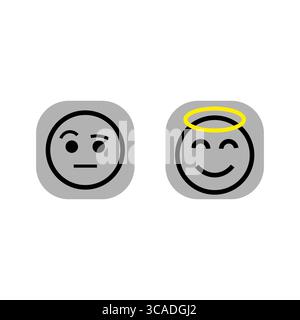 Indifferent emoji icon. Smiling angel face. Positive emotion symbol Vector. Halo detail illustration. Stock Vector