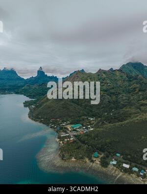 Aerial view of Baie d'Opunohu and lush mountains on Moorea Island. Stock Photo