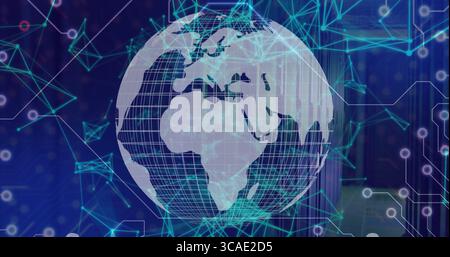 Spinning wireframe globe displaying glowing network lines, hexagonal outlines in virtual interface Stock Photo