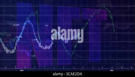 Displaying NET blocks overlaying trading grid, with candlestick bars, line graphs, percent labels Stock Photo