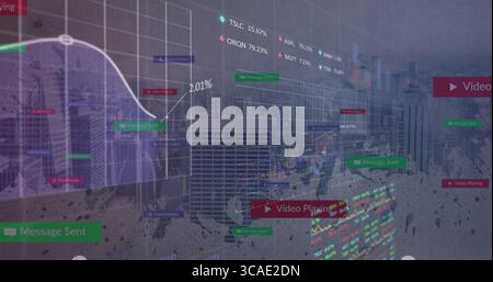 Displaying financial data with line graph, floating tickers above city skyline, copy space Stock Photo