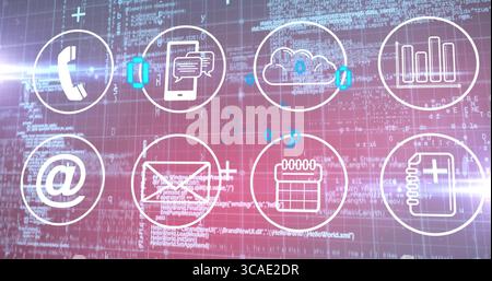 Displaying icons over code on dashboard, with communication security chart calendar medical icons Stock Photo